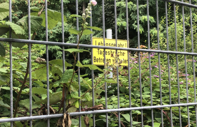 Ein Zugang-Verboten-Schild hinter einem Zaun in einem bewaldeten Gebiet