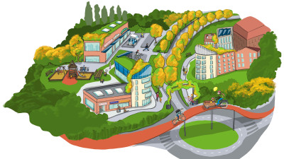 Comicartige Illustration eines Wohngebiets mit Grünflächen, Brücken, Häusern, Straßen und Kreisverkehr, Fußgänger:innen und Fahrradfahrende