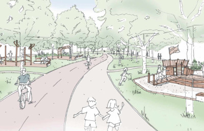 Skizzenartige Farbillustration, eine verkehrsberuhigte Straße innerhalb einer Parkanlage. Spielene Kinder, Menschen, Fahrradfahrende, viele Bäume und Grünflächen sind zu sehen.