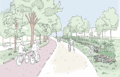 Skizzenartige Farbillustration, ein Fahrradweg neben einer Straße, breite Grünstreifen, Bäume und Pflanzen sowie Fahrradfahrende und Fußergänger sind abgebildet